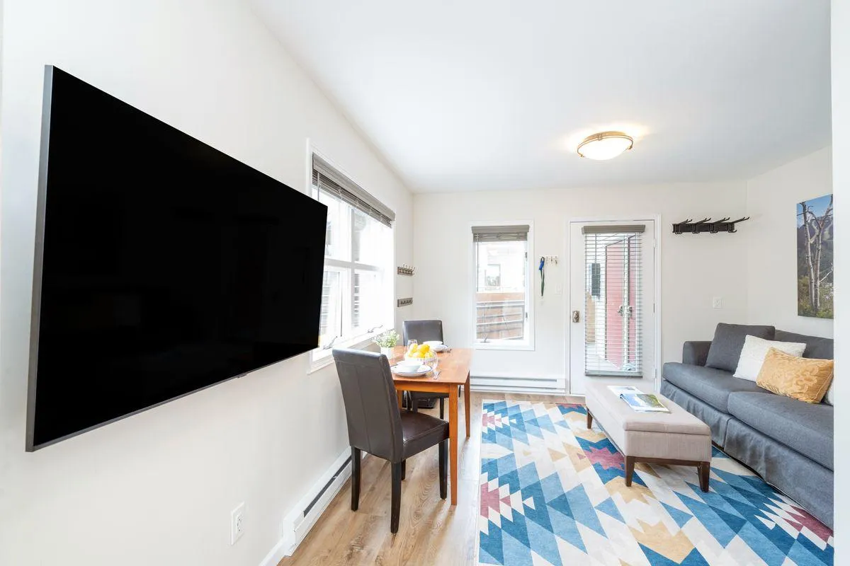 This image features a spacious, sun-filled living and dining area with a large flat-screen TV, a comfortable sofa, a dining table with chairs, and a colorful area rug. Light pours in through the windows, casting a warm, inviting glow across the space, while the open layout encourages connection and relaxation.