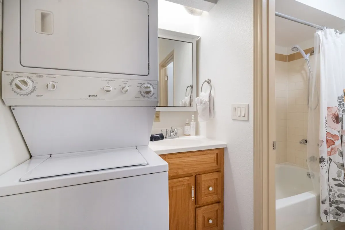 A practical interior shot showcasing the in-unit washer and dryer adjacent to a vanity mirror and shower area. Clean towels and organized laundry space emphasize everyday convenience and ease of access.